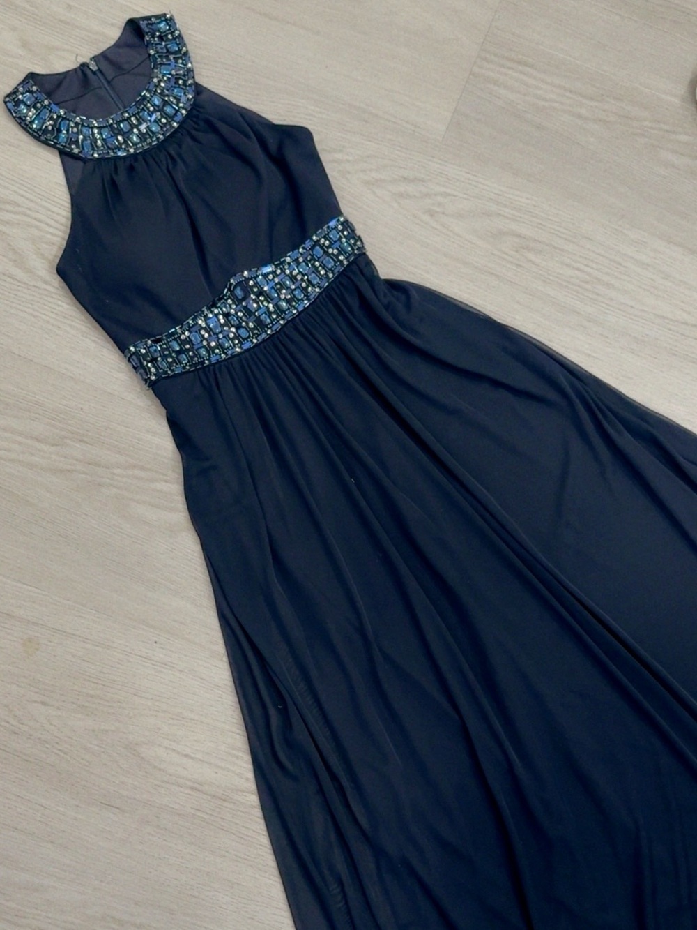 One by eight Sleeveless Navy Evening Gown with Beaded Neckline and Waist